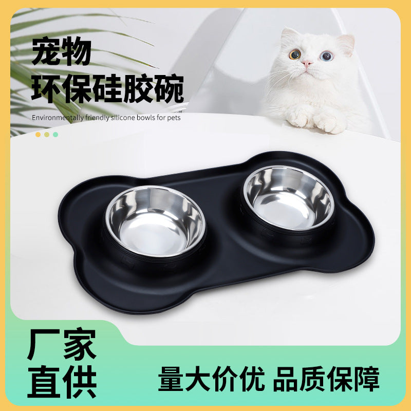 Silicone pet bowl cat dog anti-spill anti-splash eating bowl placemat stainless steel double bowl pet dog bowl eating bowl wholesale