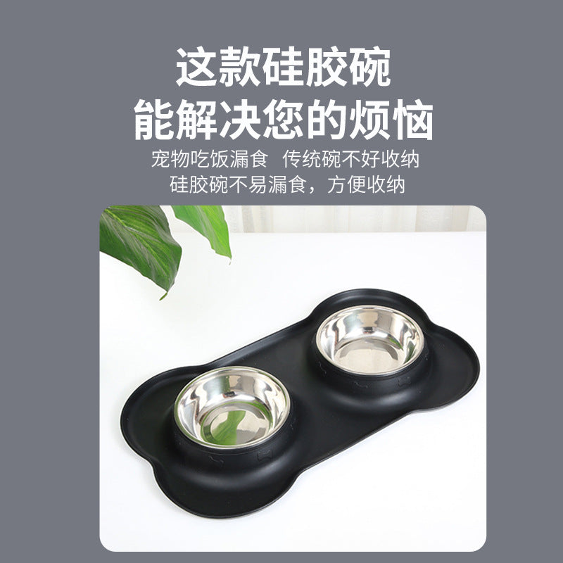 Silicone pet bowl cat dog anti-spill anti-splash eating bowl placemat stainless steel double bowl pet dog bowl eating bowl wholesale