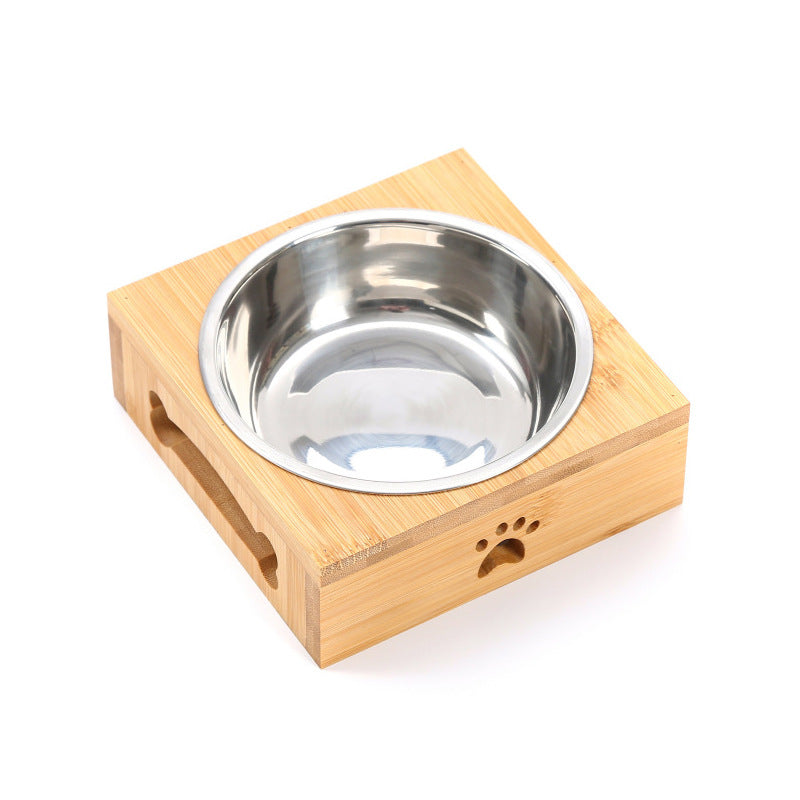 Bamboo cat bowl, ceramic pet bowl, drinking dog bowl, grain basin, stainless steel bamboo frame