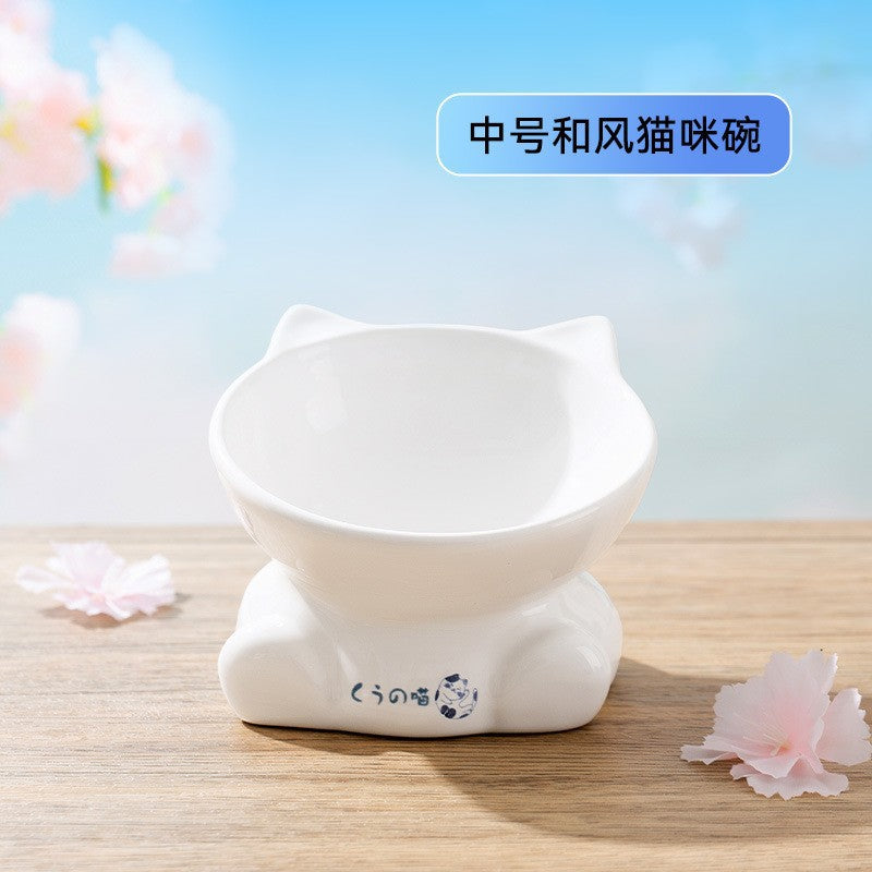 Cross-border cat high and low partition cute cat ceramic double bowl anti-knockover cat bowl drinking water bowl dog bowl pet bowl supplies