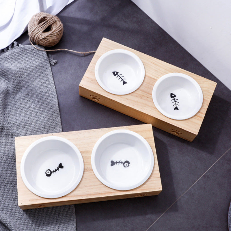 Bamboo cat bowl, ceramic pet bowl, drinking dog bowl, grain basin, stainless steel bamboo frame
