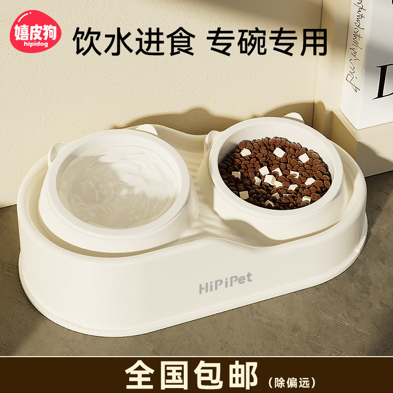 Cross-border cat high and low partition cute cat ceramic double bowl anti-knockover cat bowl drinking water bowl dog bowl pet bowl supplies