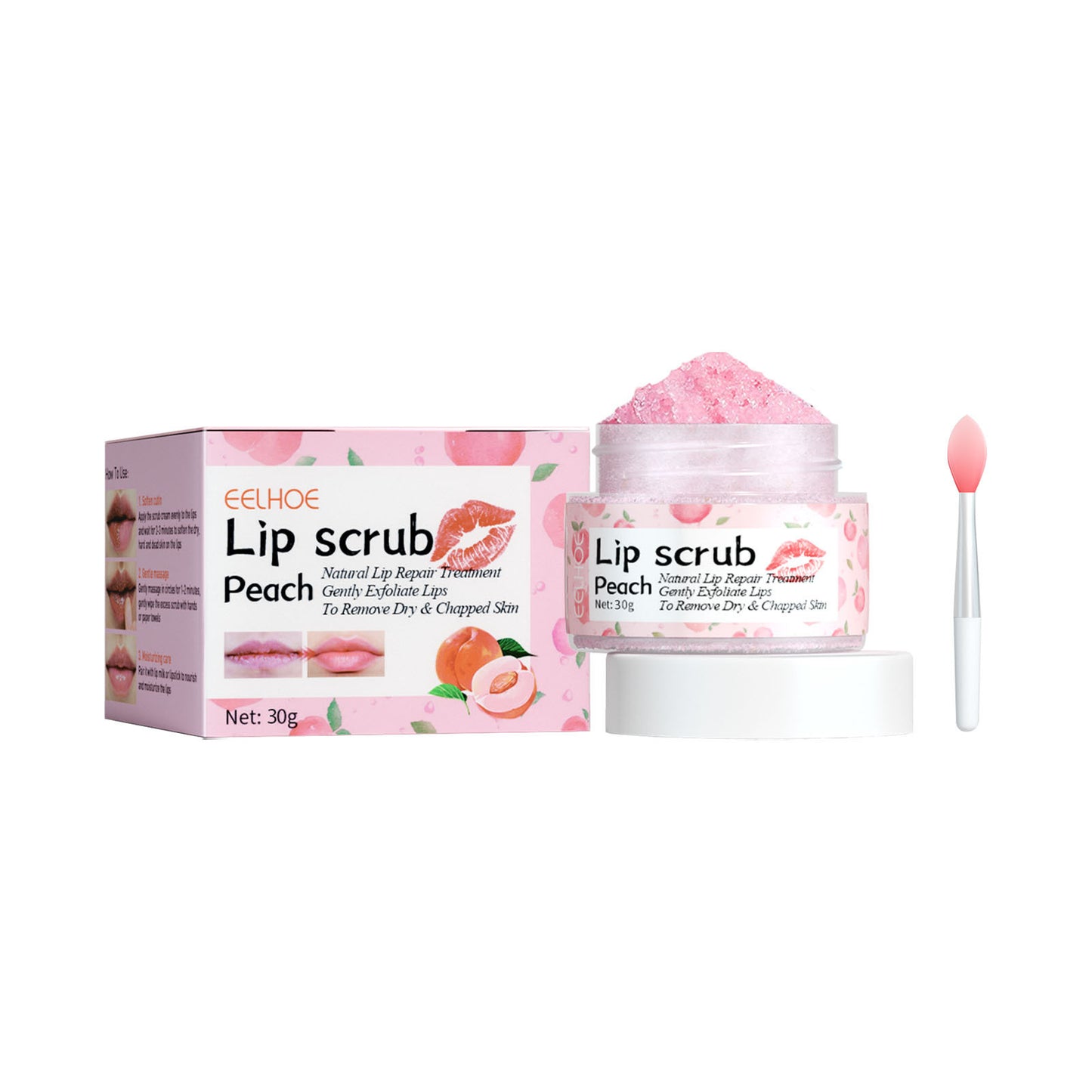 Peach lip scrub moisturizes and dilutes lip lines, removes dead skin, brightens lips, moisturizes lips and softens lips