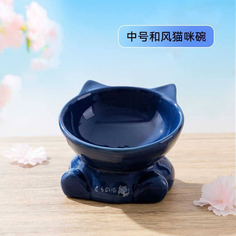 Cross-border cat high and low partition cute cat ceramic double bowl anti-knockover cat bowl drinking water bowl dog bowl pet bowl supplies