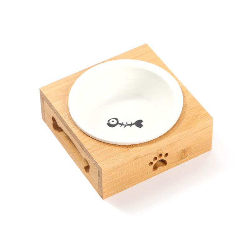 Bamboo cat bowl, ceramic pet bowl, drinking dog bowl, grain basin, stainless steel bamboo frame