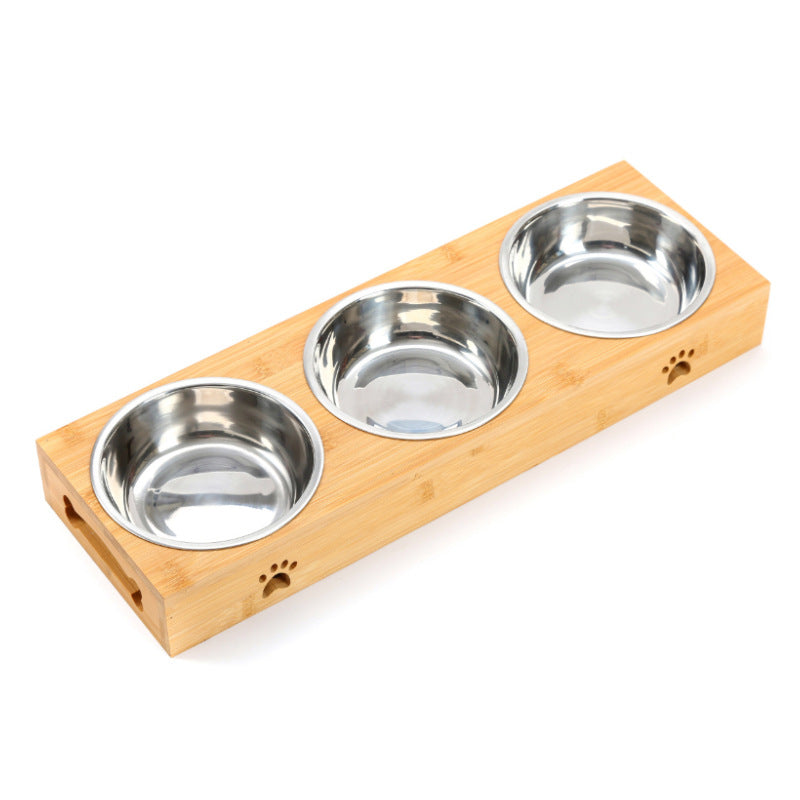 Bamboo cat bowl, ceramic pet bowl, drinking dog bowl, grain basin, stainless steel bamboo frame