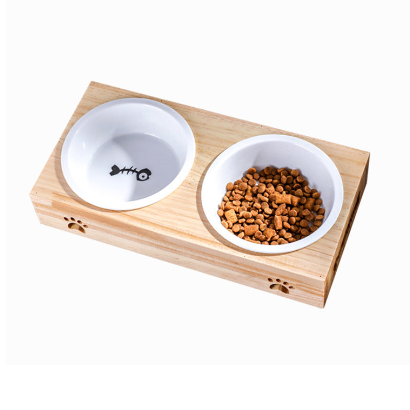 Bamboo cat bowl, ceramic pet bowl, drinking dog bowl, grain basin, stainless steel bamboo frame