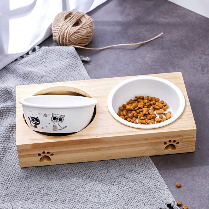 Bamboo cat bowl, ceramic pet bowl, drinking dog bowl, grain basin, stainless steel bamboo frame