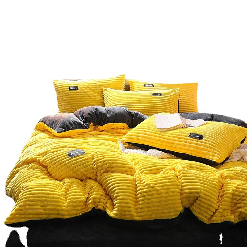 Thickened autumn and winter magic velvet four-piece set, double-sided warm crystal velvet duvet cover and pillowcase, single and double fitted sheet set