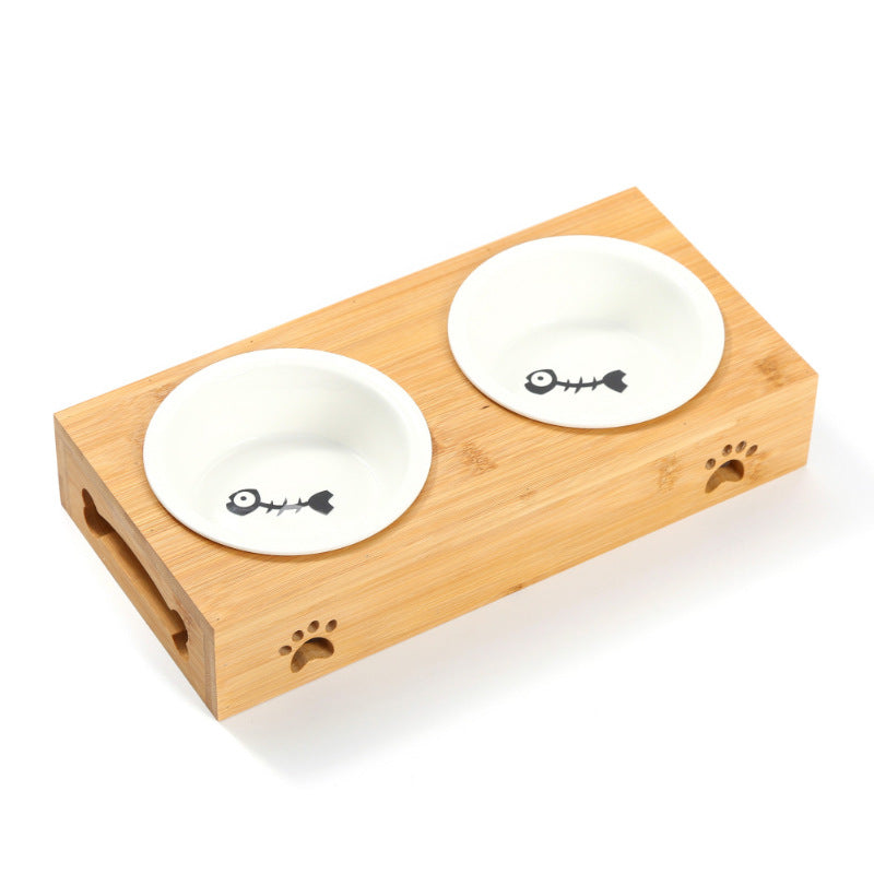 Bamboo cat bowl, ceramic pet bowl, drinking dog bowl, grain basin, stainless steel bamboo frame
