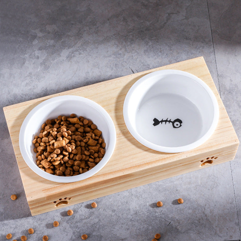 Bamboo cat bowl, ceramic pet bowl, drinking dog bowl, grain basin, stainless steel bamboo frame