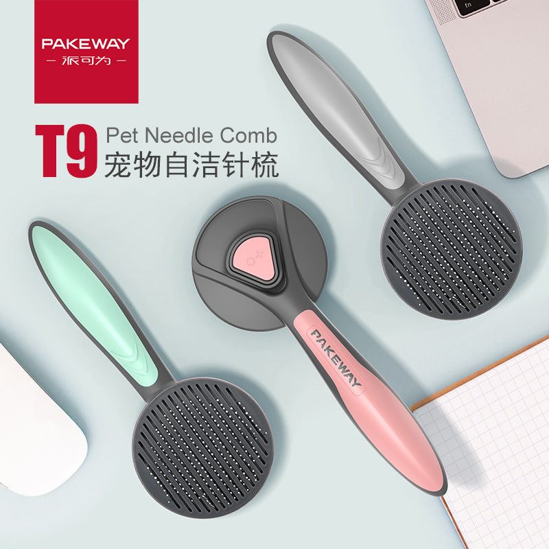 [Blister packaging] Spot pet self-cleaning needle comb T9 cats and dogs one-click de-floating stainless steel needle comb
