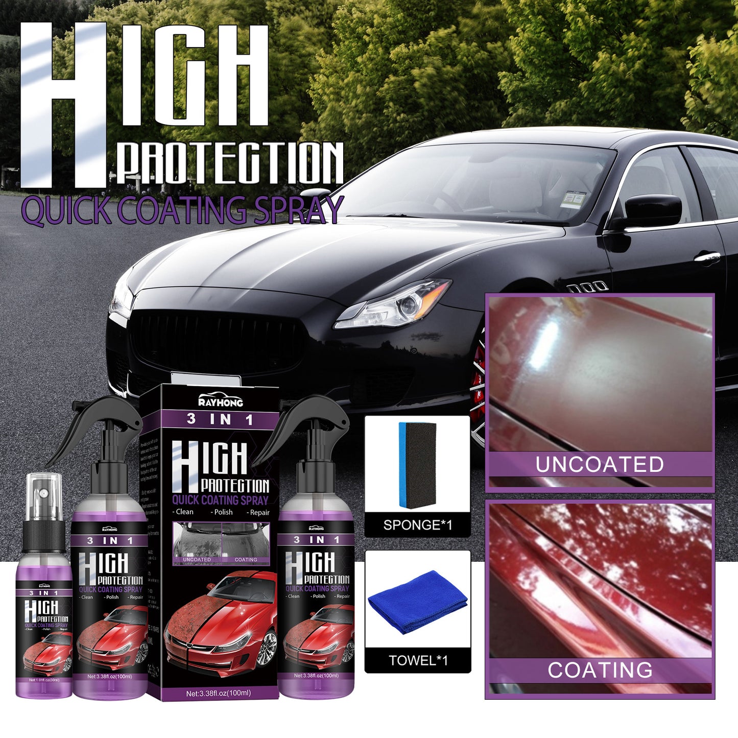 Rayhong 3 in 1 high protection fast car paint spray automatic manual paint color changing cleaning coating spray