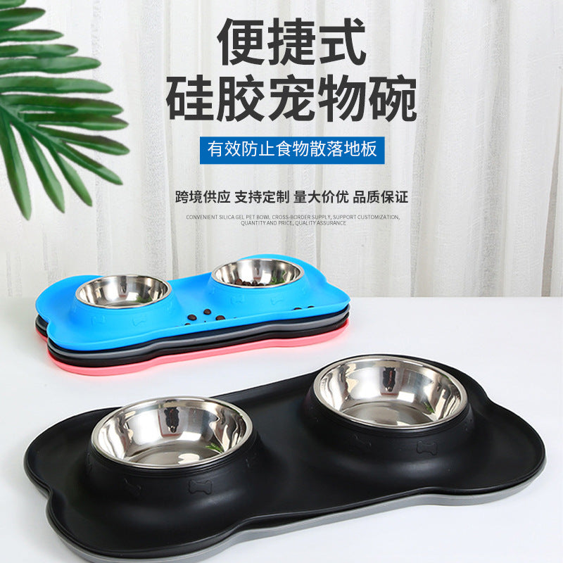 Silicone pet bowl cat dog anti-spill anti-splash eating bowl placemat stainless steel double bowl pet dog bowl eating bowl wholesale