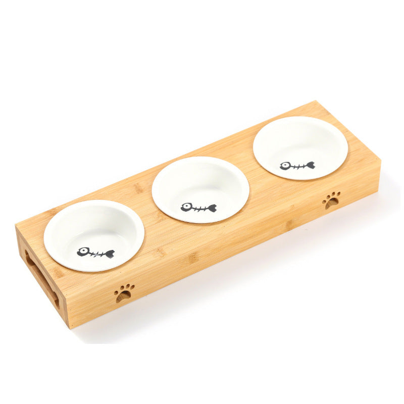 Bamboo cat bowl, ceramic pet bowl, drinking dog bowl, grain basin, stainless steel bamboo frame