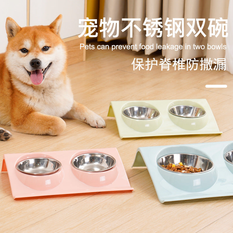 Stainless steel pet bowl Slope plastic non-slip pet dog bowl Splash-proof cat feeder cat bowl food bowl