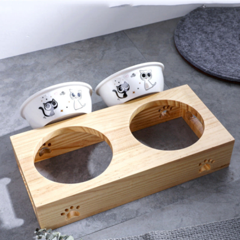 Bamboo cat bowl, ceramic pet bowl, drinking dog bowl, grain basin, stainless steel bamboo frame