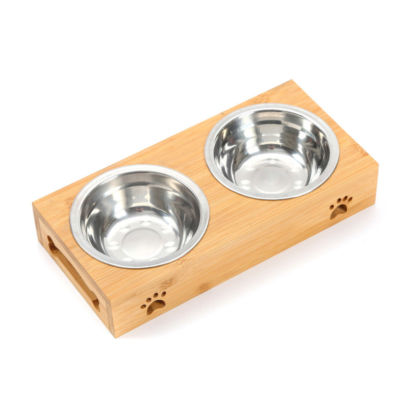 Bamboo cat bowl, ceramic pet bowl, drinking dog bowl, grain basin, stainless steel bamboo frame