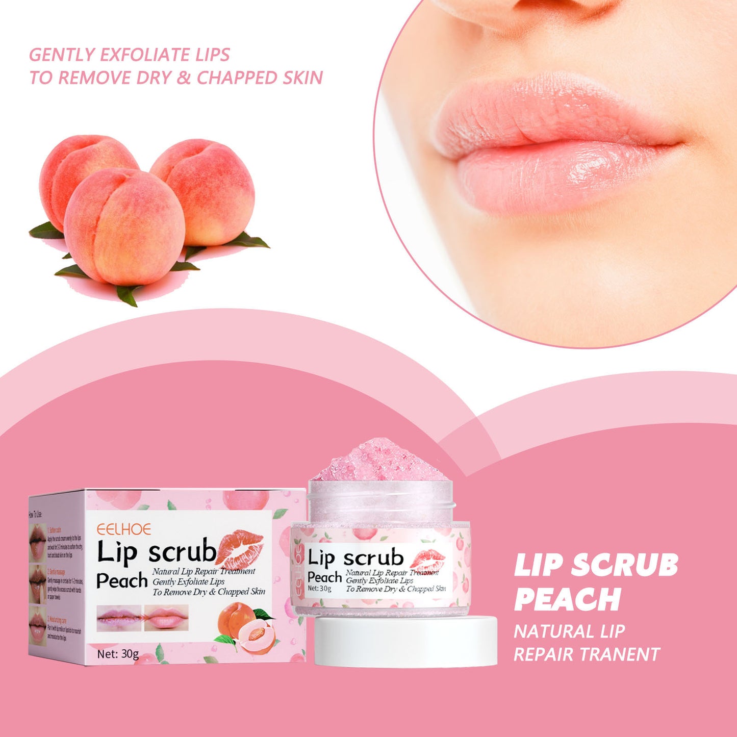 Peach lip scrub moisturizes and dilutes lip lines, removes dead skin, brightens lips, moisturizes lips and softens lips