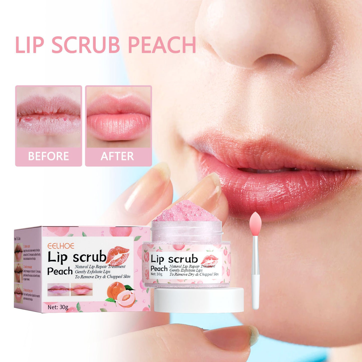 Peach lip scrub moisturizes and dilutes lip lines, removes dead skin, brightens lips, moisturizes lips and softens lips
